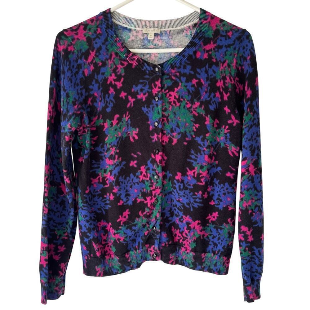 Talbots Women Cotton Cardigan Size SP Small Petite Black Pink Floral Work Office